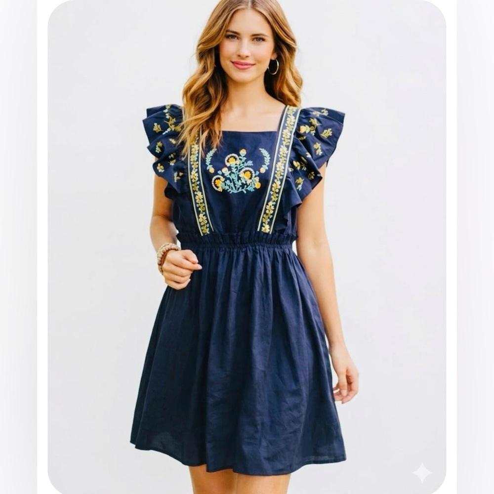 Boho dress. Navy Poplin Mini Dress W/ Embroider Detail & Ruffle Sleeves.